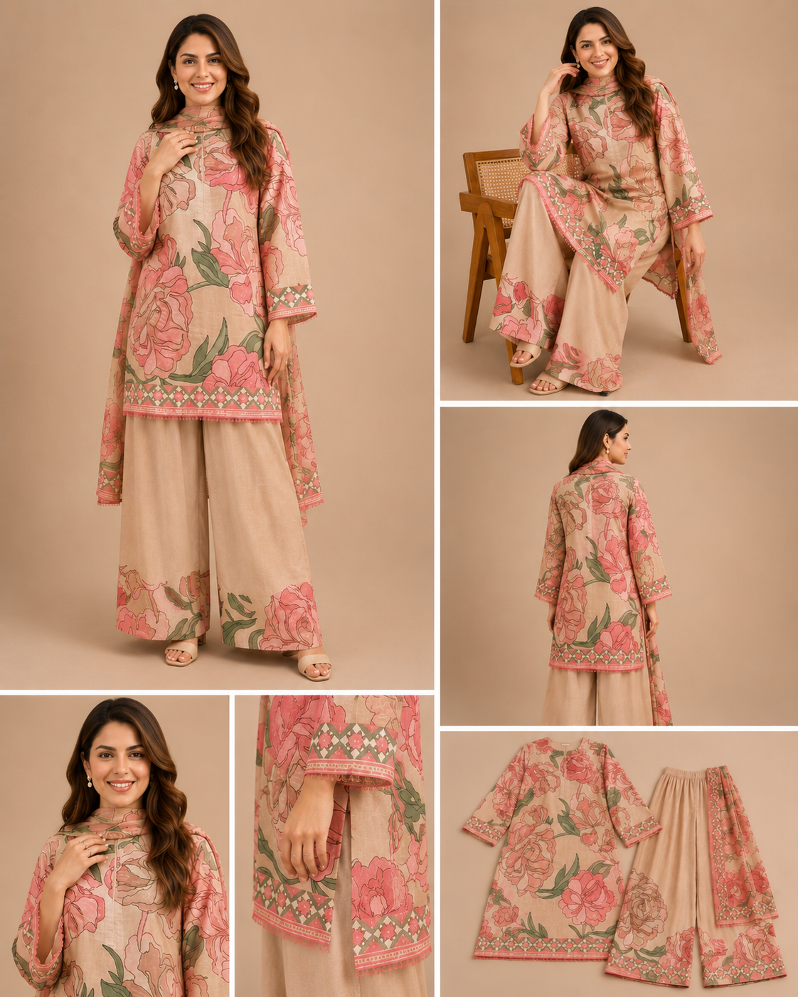 Beige Rose Print Co-ord Set with Dupatta