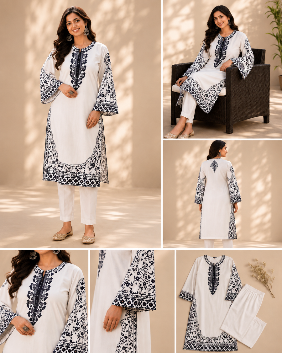 White and Navy Floral Print Co-ord Set