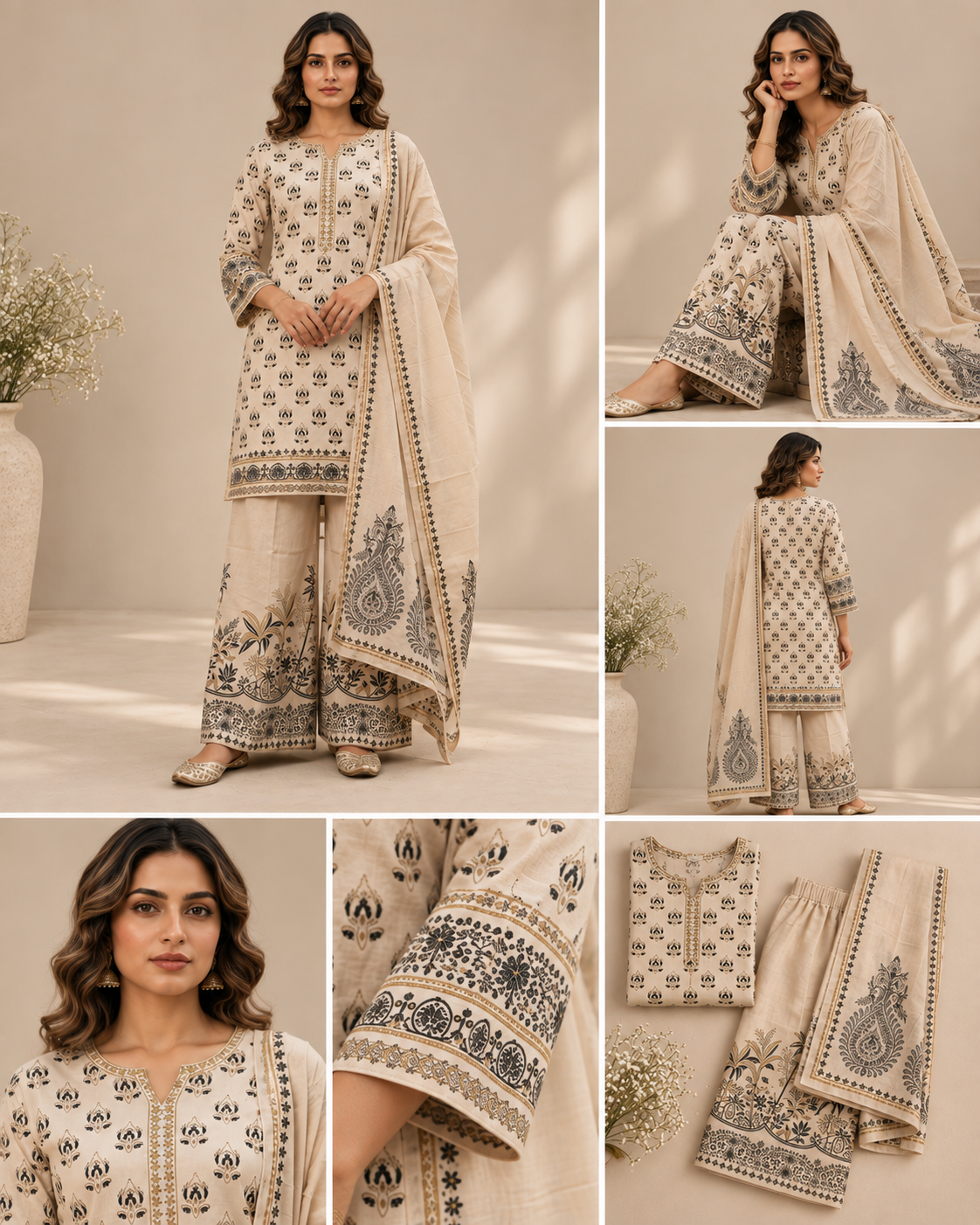 Ivory Grey Motif Print Co-ord Set with Dupatta