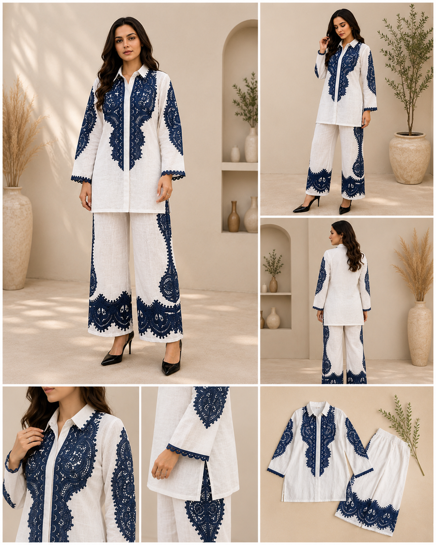 White and Navy Print Co-ord Set