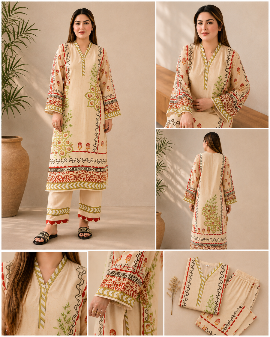 Beige Ethnic Print Long Co-ord Set