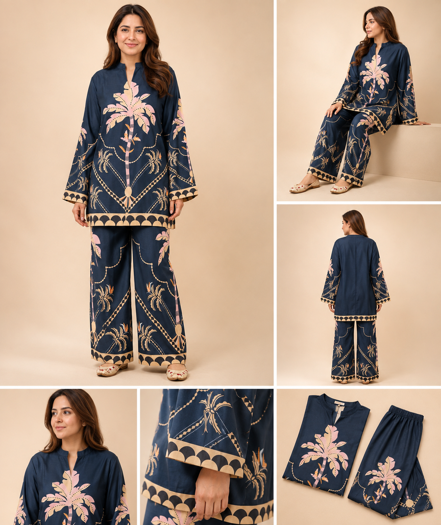 Navy Blue Palm Print Co-ord Set