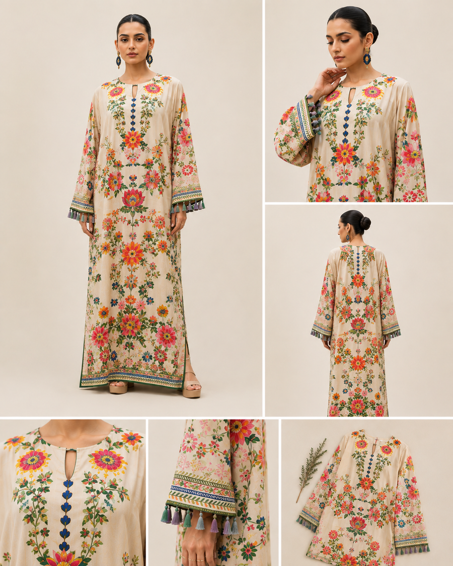 Beige Multicolor Floral Print Kaftan