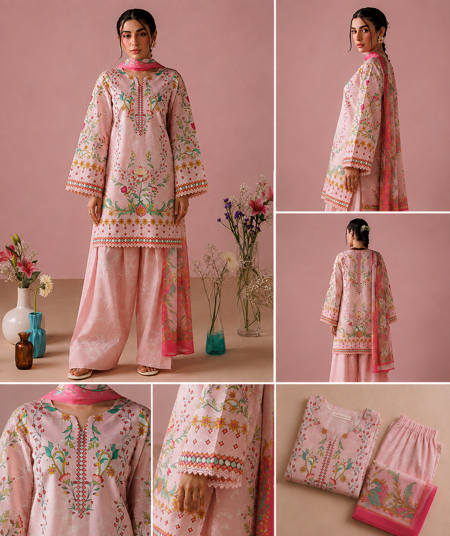 Blush Pink Floral Co-ord Set with Dupatta