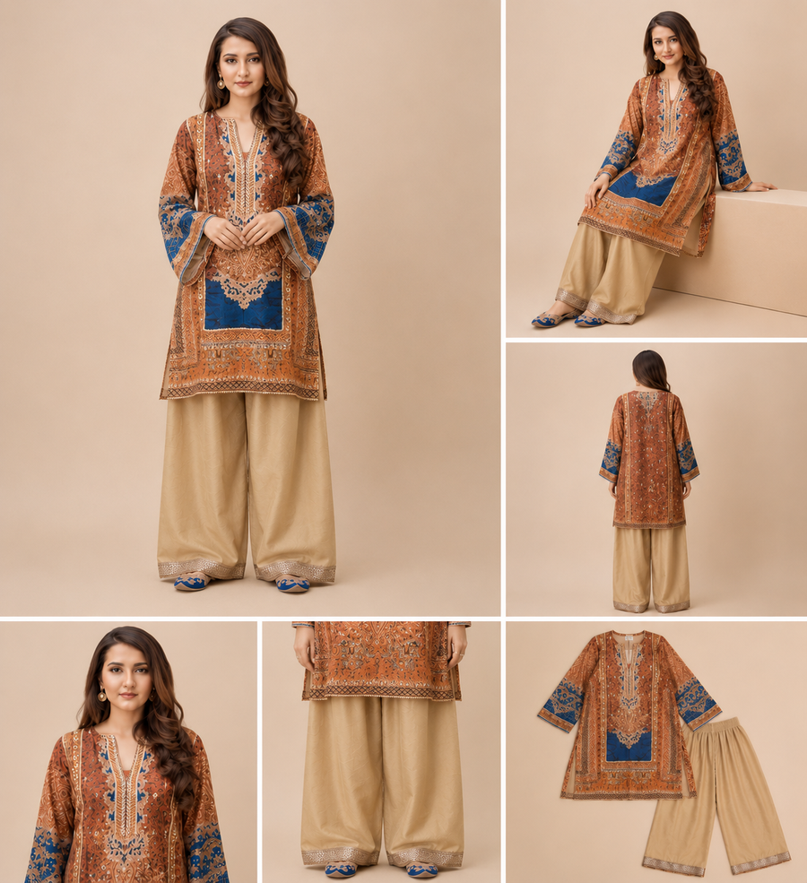 Rust Blue Ethnic Print Co-ord Set