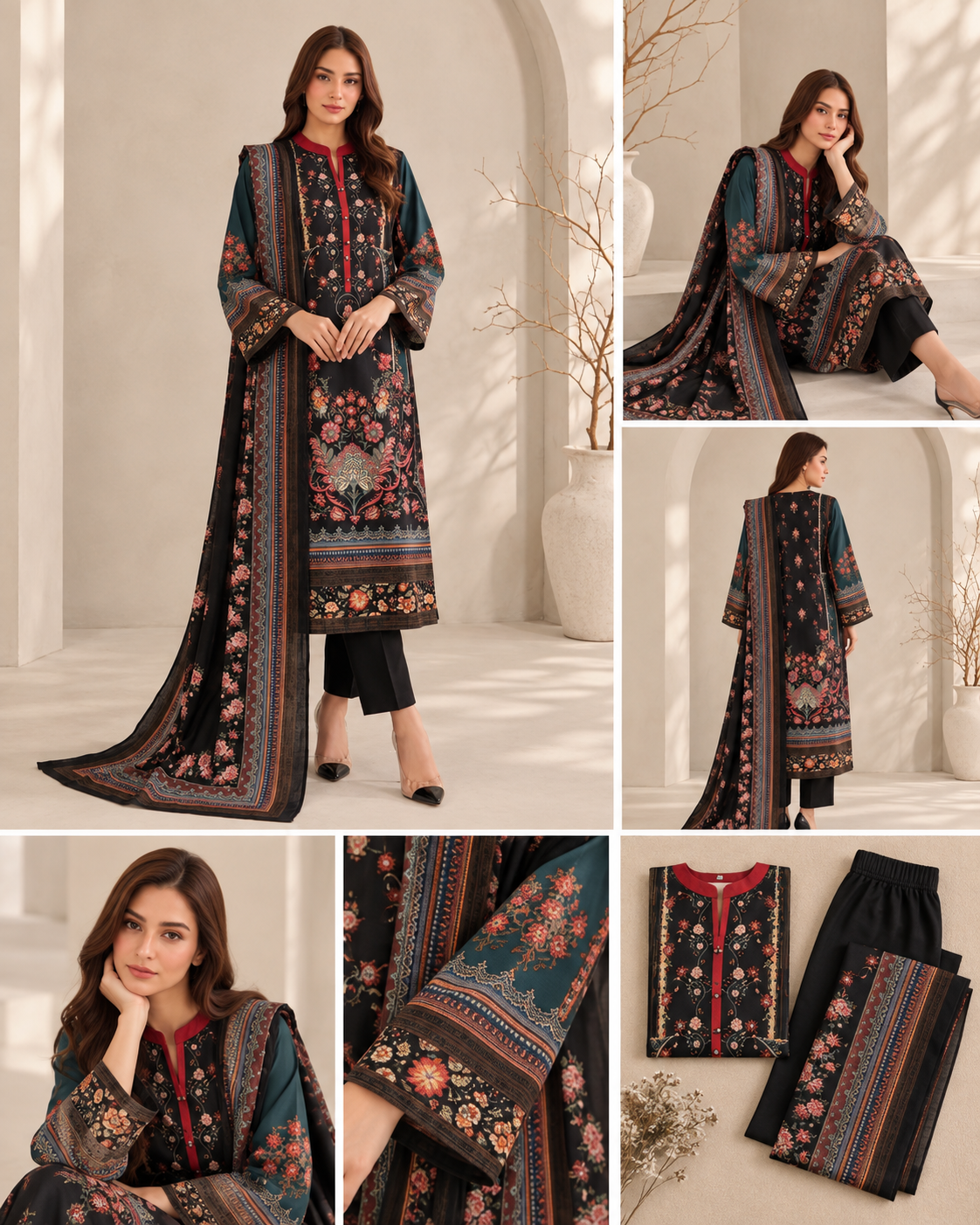 Black Floral Print Co-ord Set with Dupatta