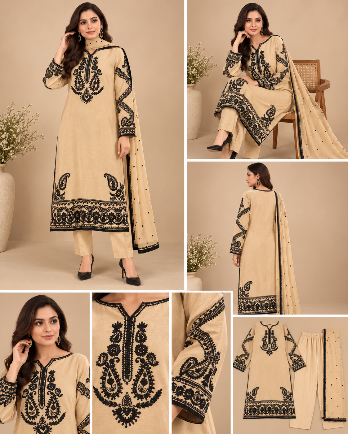 Beige Black Paisley Print Co-ord Set with Dupatta