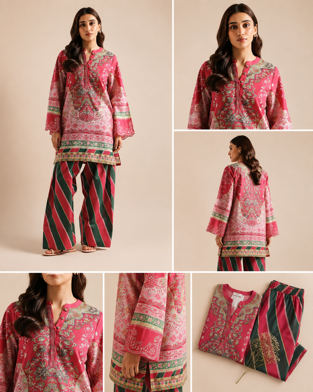 Pink ethnic print co-ord set with diagonal striped pants