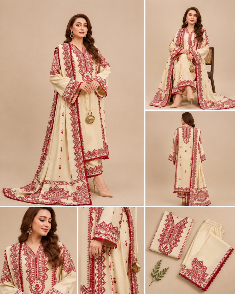 Ivory Red Print Co-ord Set with Dupatta