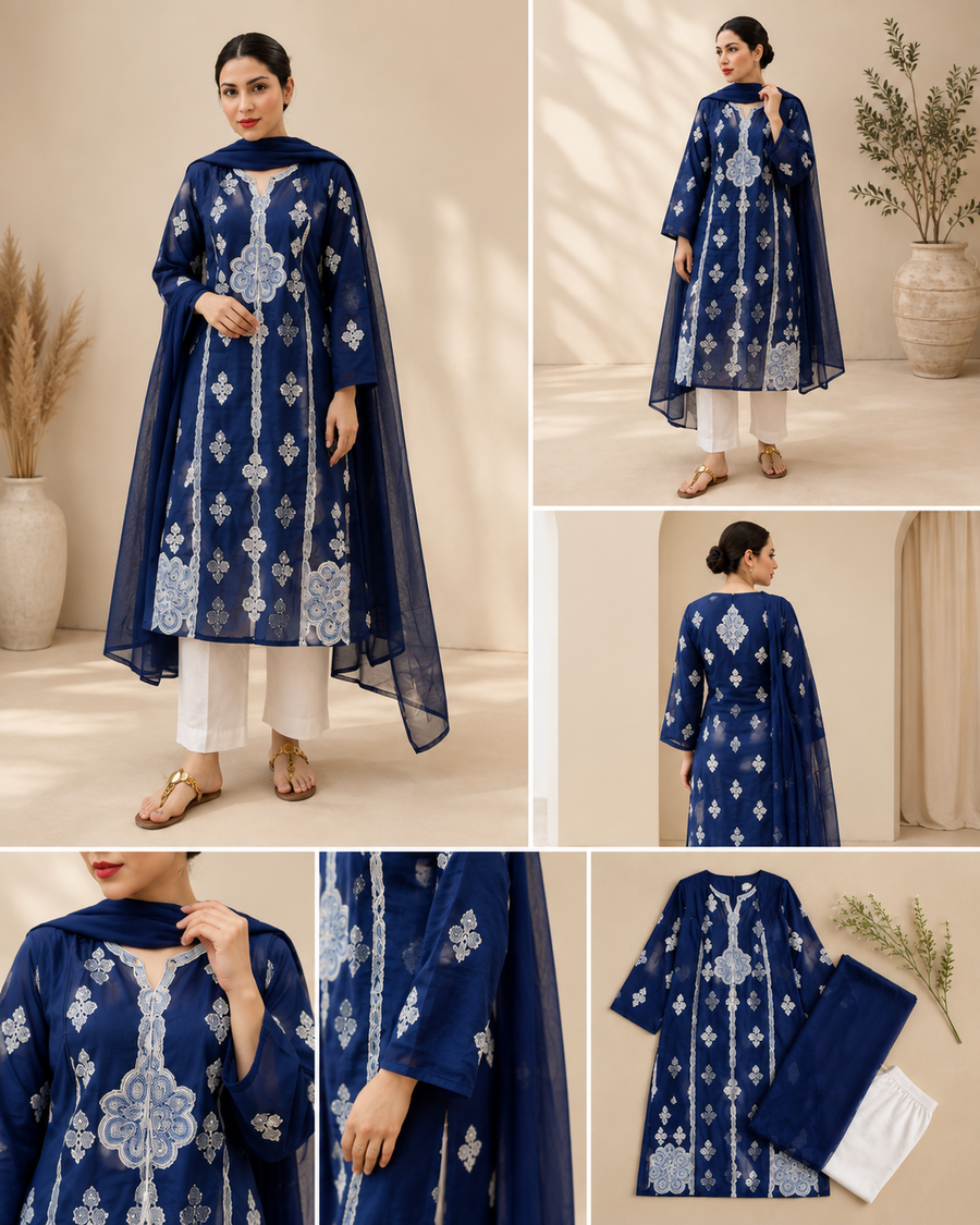 Navy Blue Print Co-ord Set with Dupatta