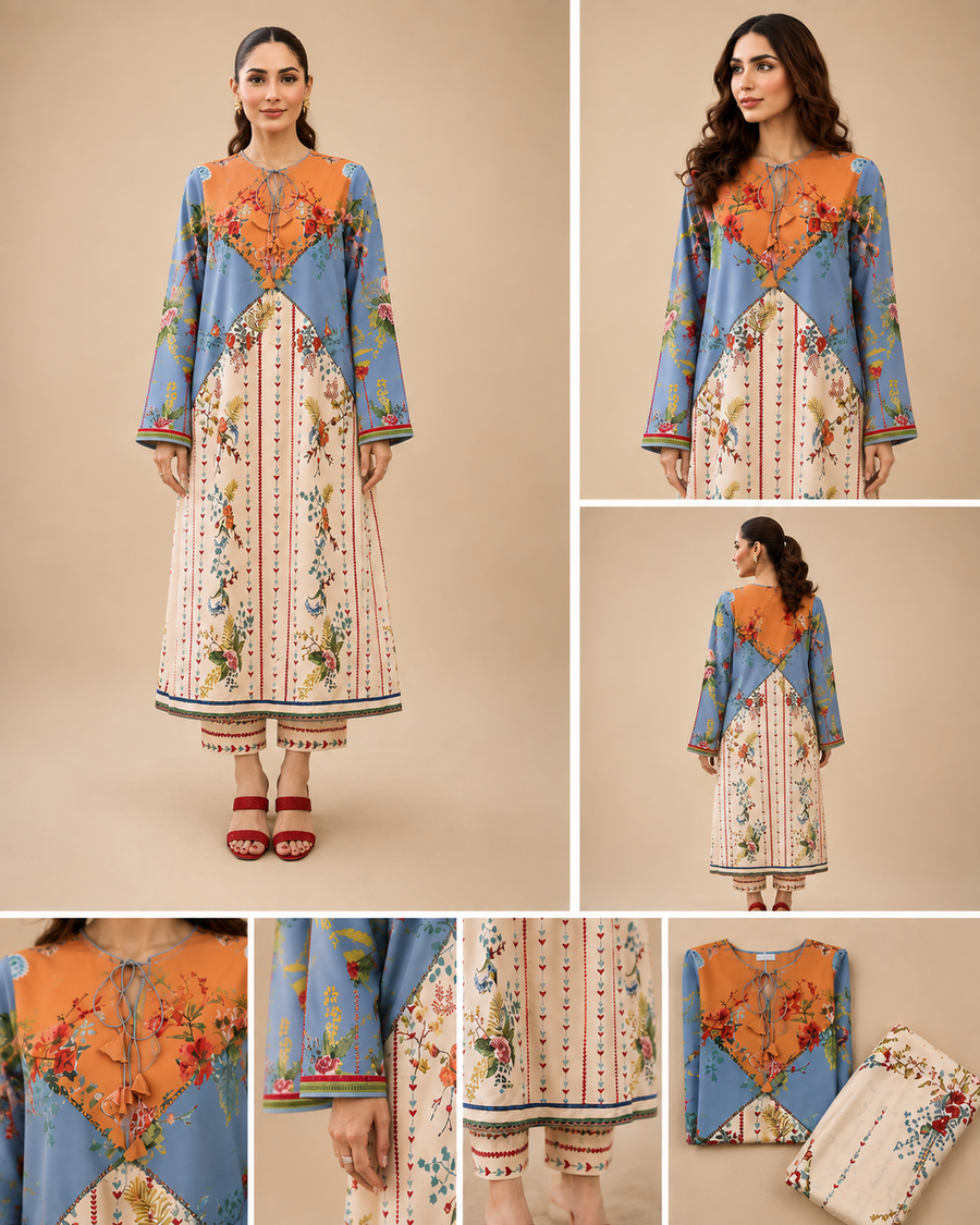 Blue Orange Floral Print Co-ord Set