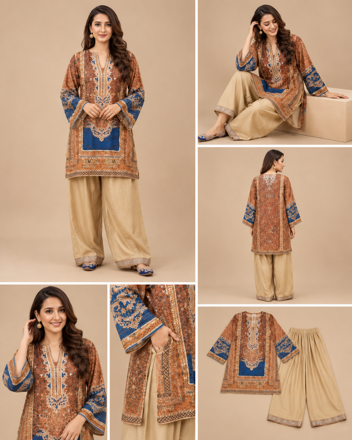 Rust Blue Ethnic Print Co-ord Set
